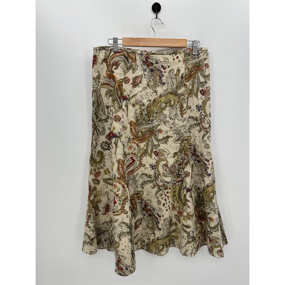 Joneswear Midi Skirt Women 12 Linen‎ Cotton Neutral Brown Paisley Cottage Ruffle